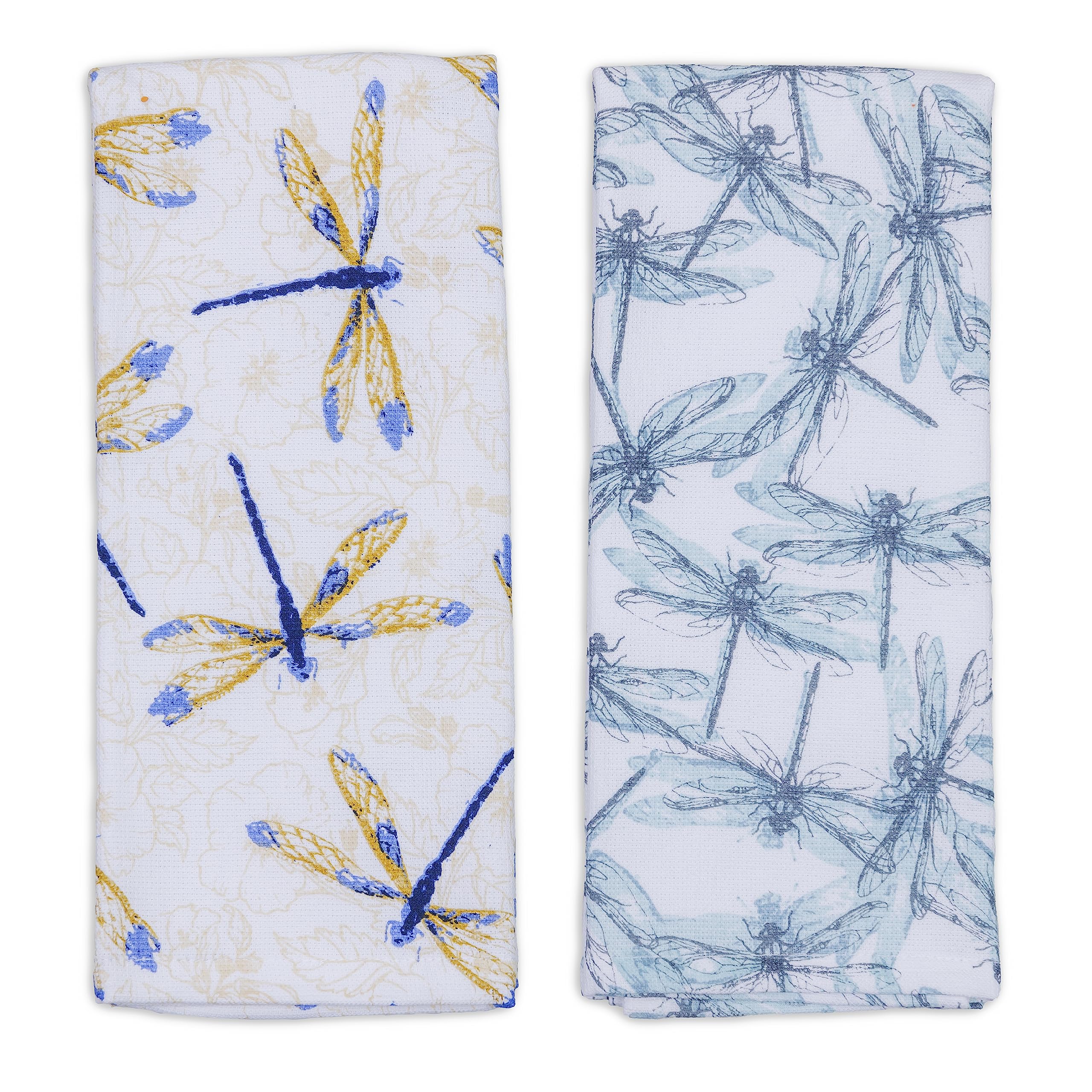Everyday Kitchen Towels - Set of 2 | Dual-Sided Design, Highly Soft & Absorbent | 100% Cotton, Lint-Free | Dragonfly Print | 15" X 25"