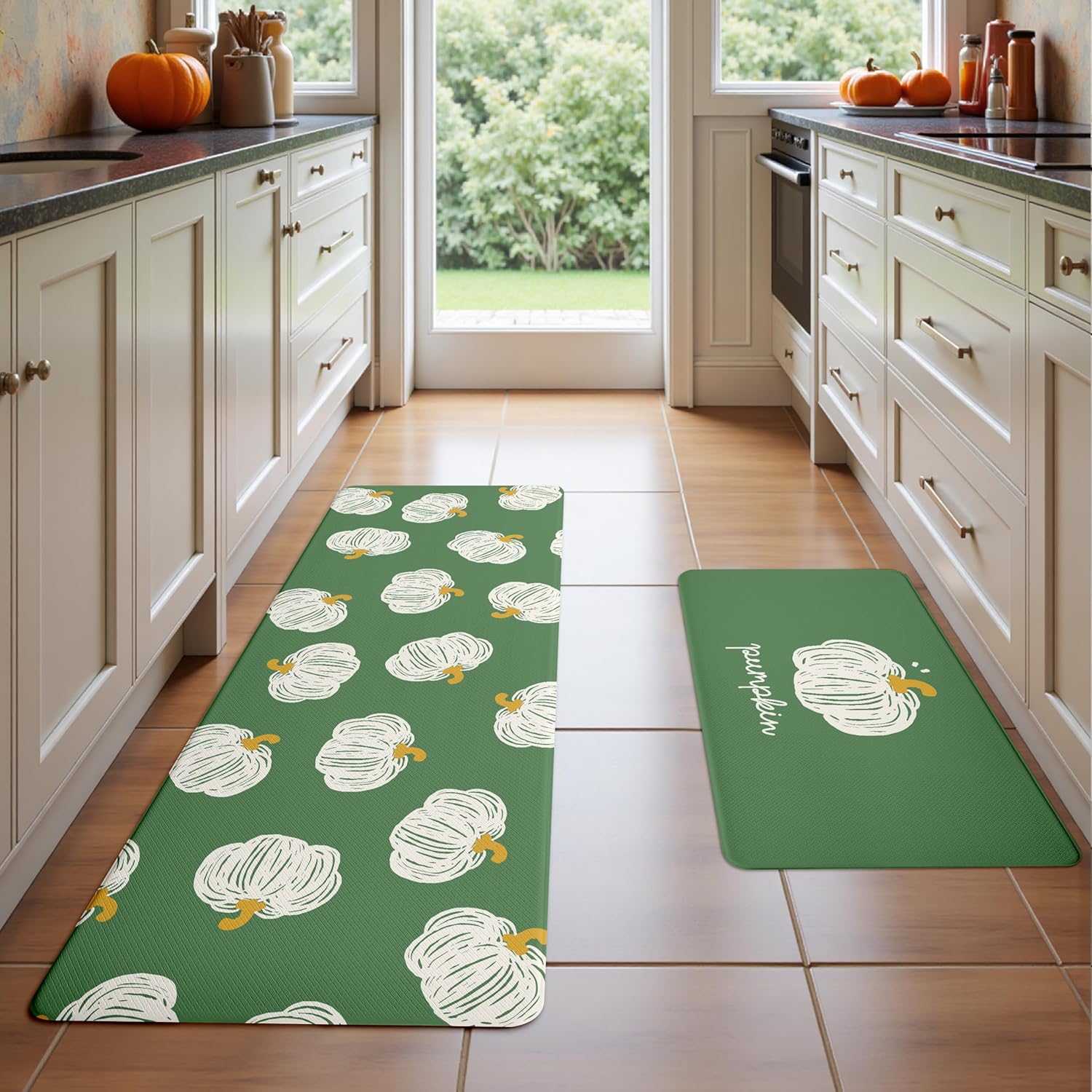 Fall Autumn Hand-Drawn Pumpkin Green Kitchen Rug Sets [2 PCs], Anti-Fatigue, Waterproof Non-Slip Kitchen Mats Heavy Duty Comfort Foam Rug for Kitchen, Floor, Laundry,17"x29"+17"x47"