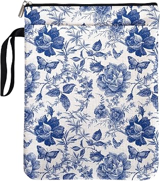 Blue and White Porcelain Vintage Chinoiserie Printing Book Lovers Gifts Book Sleeve for Women Grandma Readers Librarian with Handled Waterproof BookCover Case Book Club Gifts Book Accessories