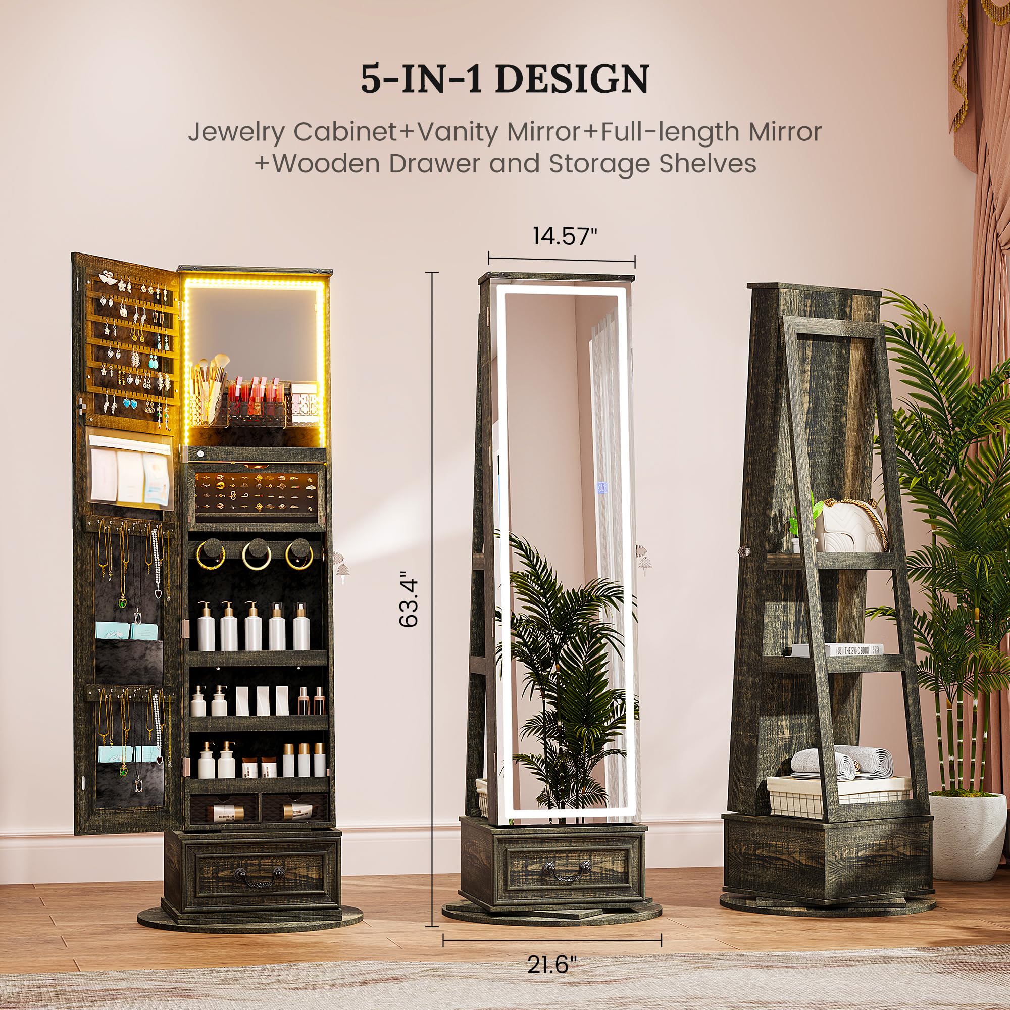 LVSOMT LED Mirror Jewelry Cabinet Standing, 360ยฐSwivel Jewelry Armoire with Full Length Mirror, Mirror with Jewelry Storage and Large Wooden Drawer for Christmas Gifts (): Rustic Grey