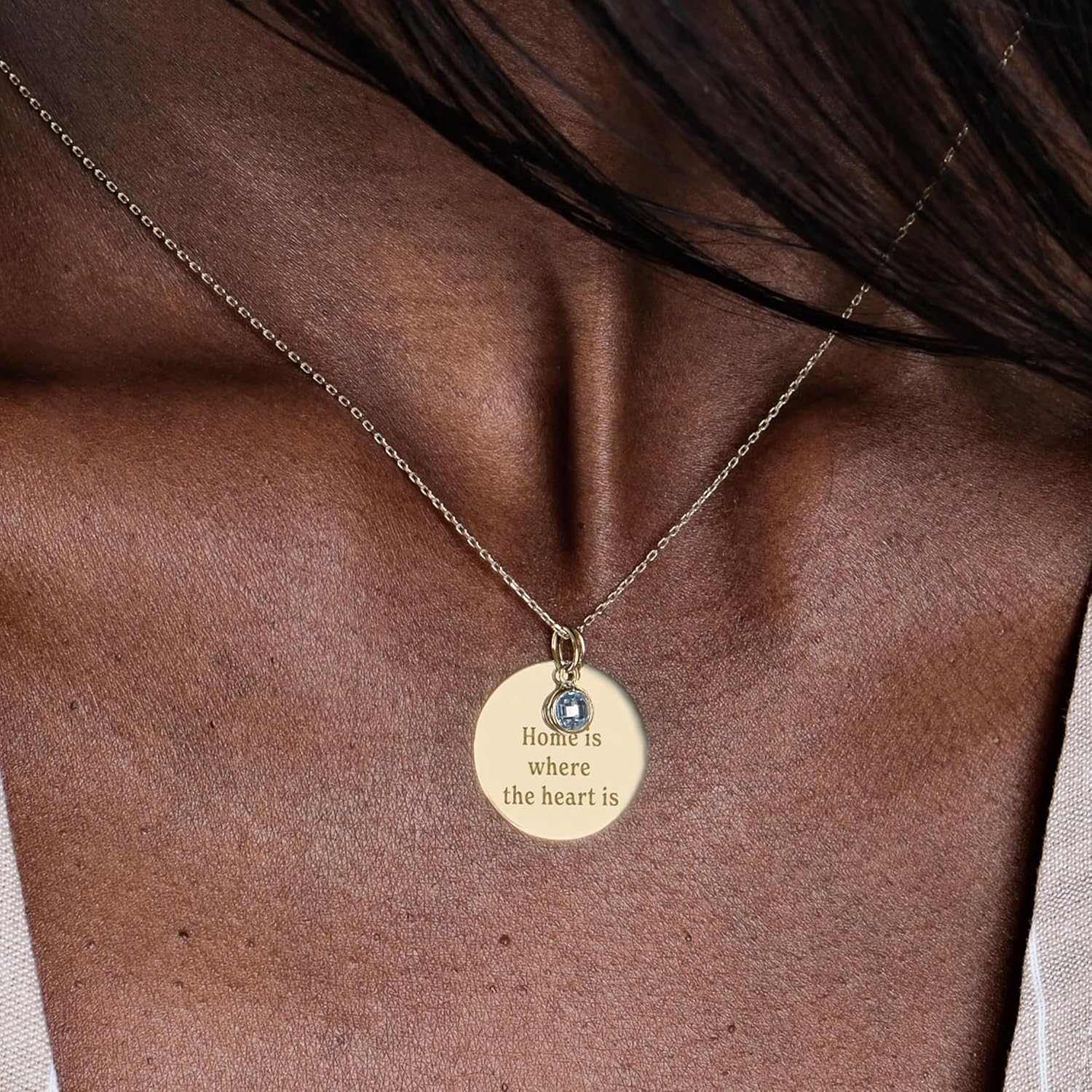 MIONZA 14K Solid Gold Personalized Disc Necklace with Birthstone, Engraved Name Pendant, Custom Gold Jewelry Gift for Her