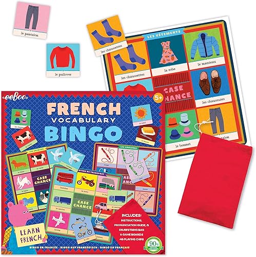 Miniatura 2 de eeBoo: Juego de vocabulario de bingo francés, incluye guía de pronunciación y bolsa de dibujo, 6 tableros de juego, 48 fichas de juego, 2 a 6