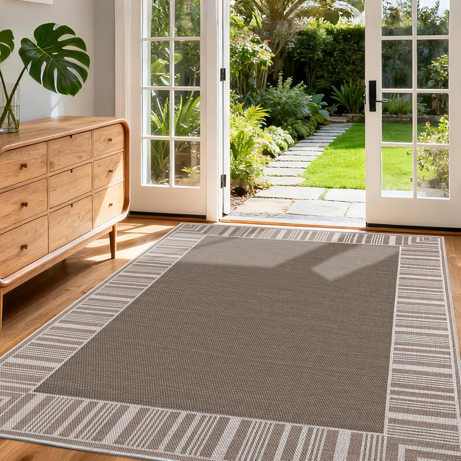 GarveeHome Striped Bordered Rug 8x10 Washable Patio Rug for Living Room Modern Striped Area Rug Outdoor Indoor Non Slip Low Pile Dining Room Throw Carpet Carpet for Home Office,Taupe