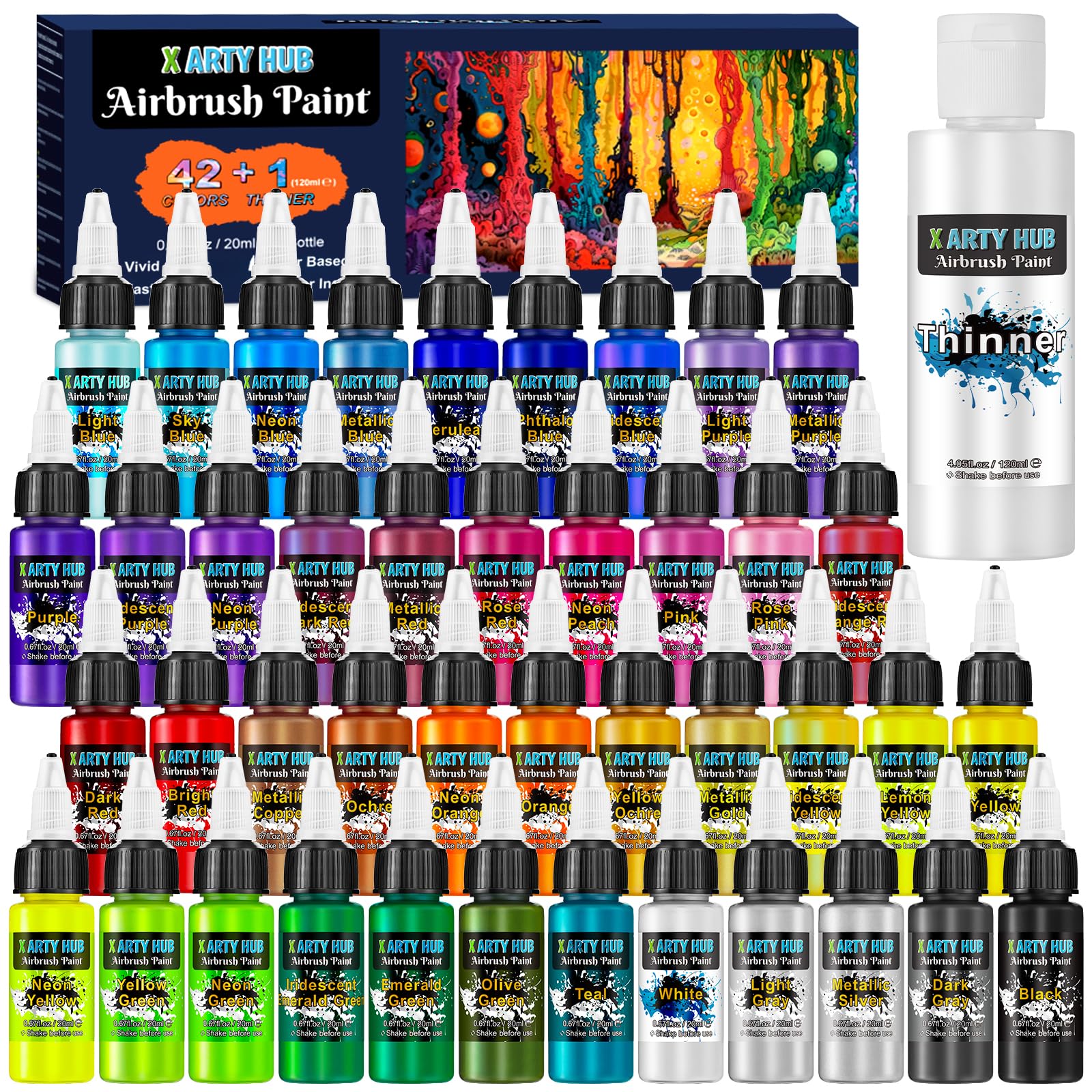 Airbrush Paint - 42 Colors with 4.05 Fl Oz Thinner, Iridescent, Neon and Metallic Air Brush Paints Acrylic Ready to Spray, Water-Based Painting Set for Artists Beginners