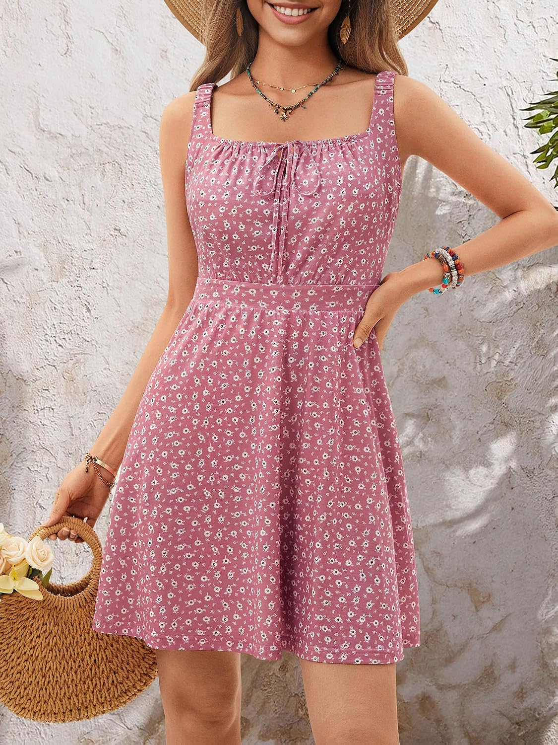 Loemes Women's Summer Cute Square Neck Mini Dress with Pocket Juniors Floral Sleeveless Tie Front Flowy Short Sundress