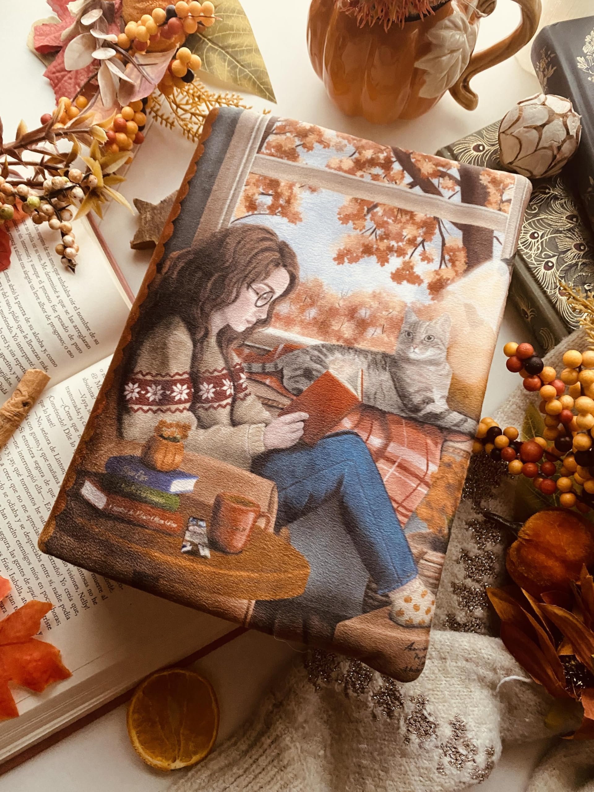 Funda artesanal solapa ajustable Junto a la ventana + marcapáginas de regalo, funda de terciopelo, acolchada. Regalo ideal para personas lectoras