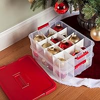 Vista 2 de Caja de almacenamiento Stack & Carry de Sterilite 1427. Caja de 2 niveles para adornos, con asa y tapa roja, caja transparentes (2 unidades)