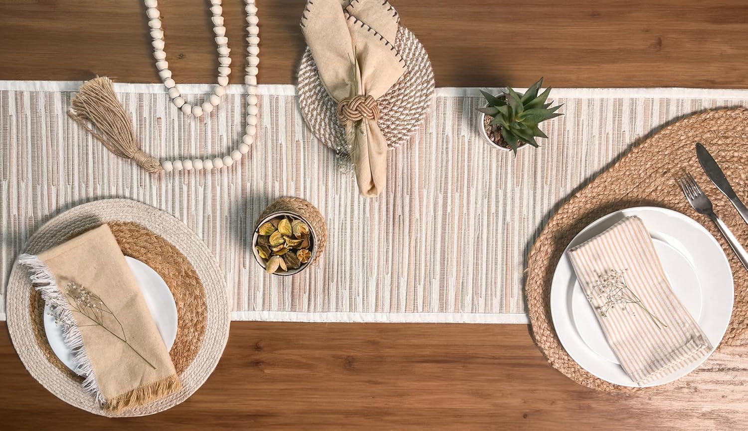 Cotton Table Runner, 13x72 Inch, Neutral Beige Ivory | Textured Woven Fabric, Washable and Durable, Boho Farmhouse Style, Dining Table and Kitchen Home Décor
