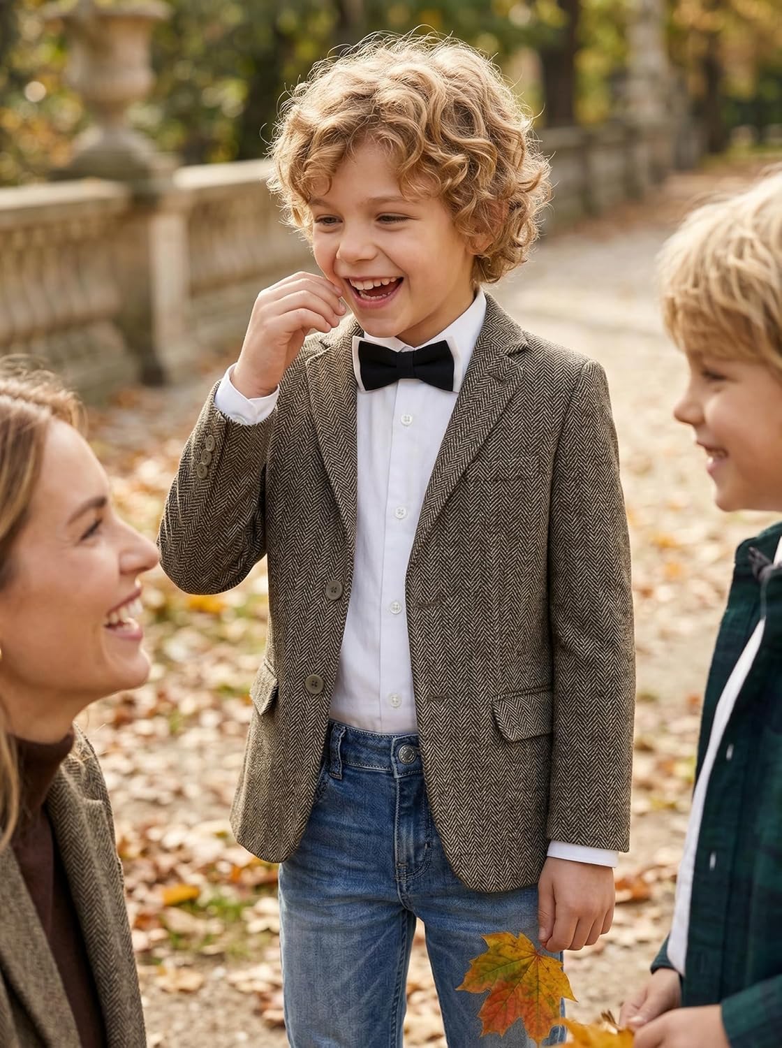 Boys Suit Blazer with Bow Tie Herringbone Sport Coat Formal Retro Tweed Classic Kids Wedding School Jacket for Boy