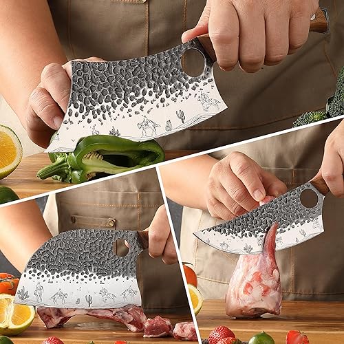 Miniatura 4 de Juego de cuchillos de carnicero de 3 piezas, forjado a mano, cuchillo vikingo, mango de madera, perfecto para el hogar, barbacoa, camping (patrón de