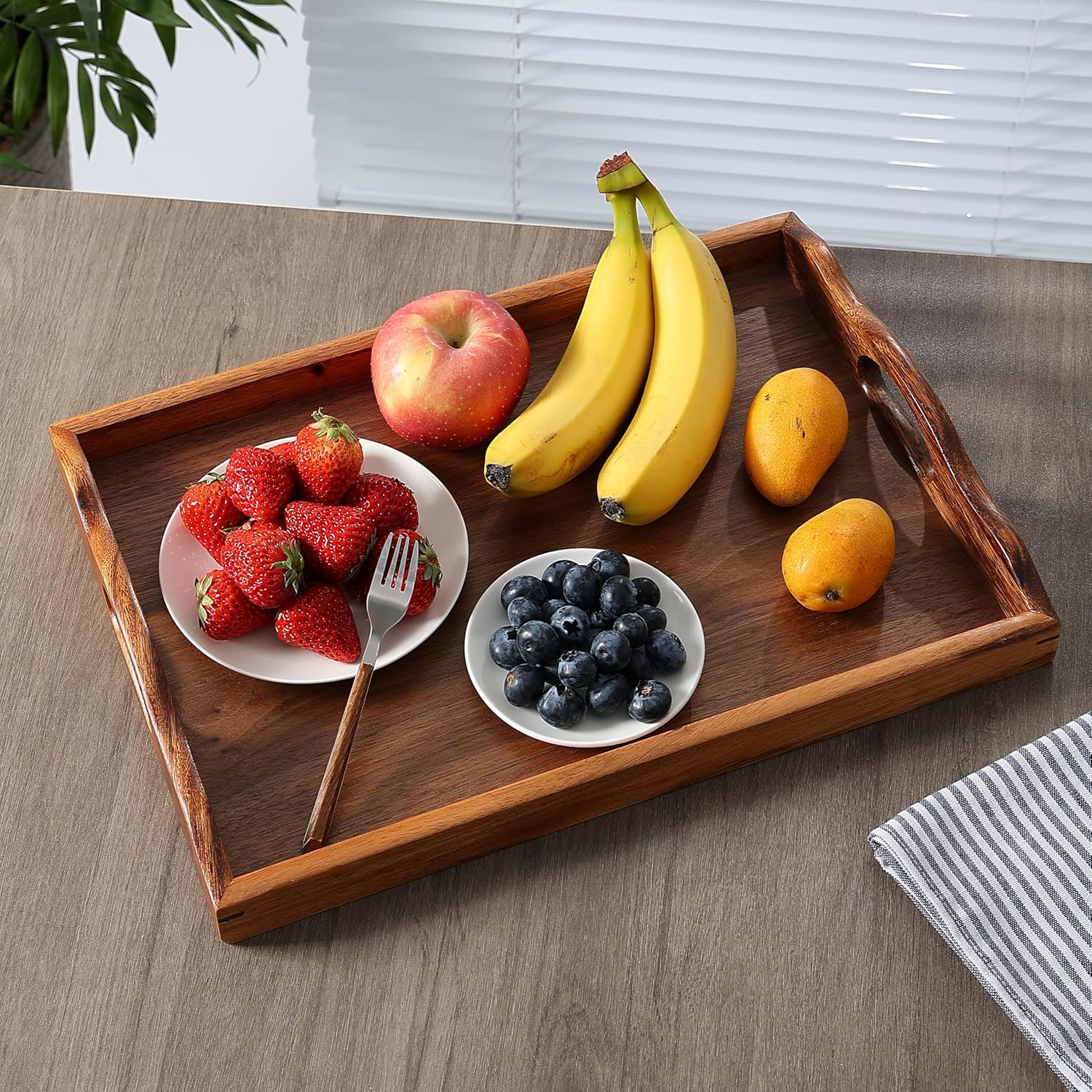Nature Walnut Wooden Serving Tray with Handles, Solid Wood Food Tray for Coffee, Breakfast, Dinner, Ottoman,16.6x11.8x2.4 inches - Image 8