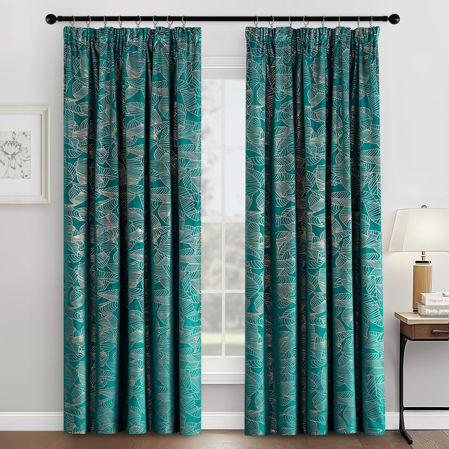 MIULEE Cortinas Terciopelo con Hojas Dorado Cortina Turquesa Fruncidas Opacas Termicas Aislantes Frio y Calor Ventanas Salon Habitación Dormitorio Elegante 2 Piezas，140x225cm