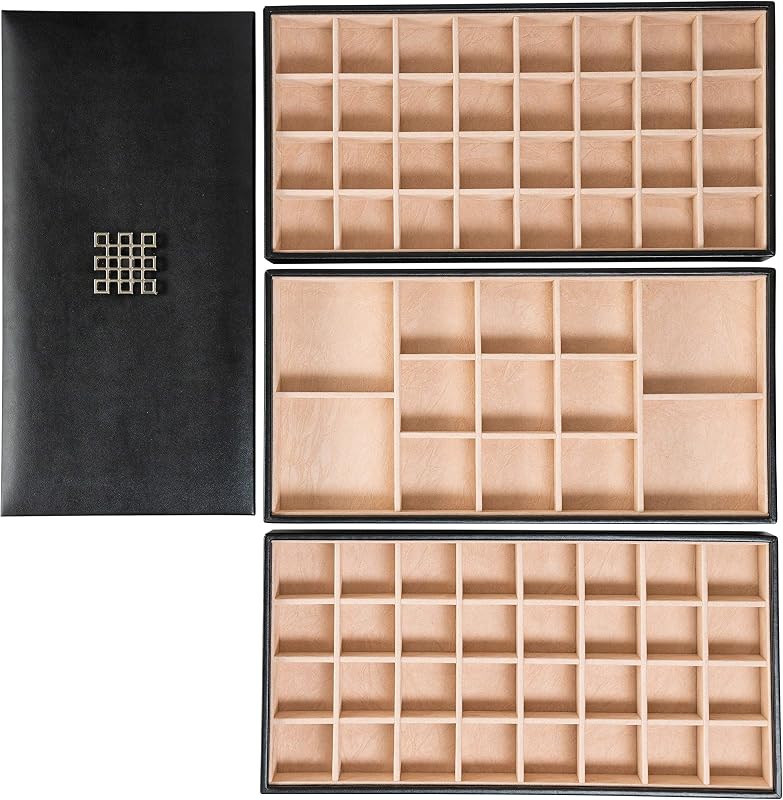 Glenor Co Bandeja organizadora de pendientes, 3 bandejas apilables grandes con tapa, 77 ranuras, vitrina clásica de almacenamiento de joyas para cajón o tocador, soporte para pendientes, anillos, collares o gemelos