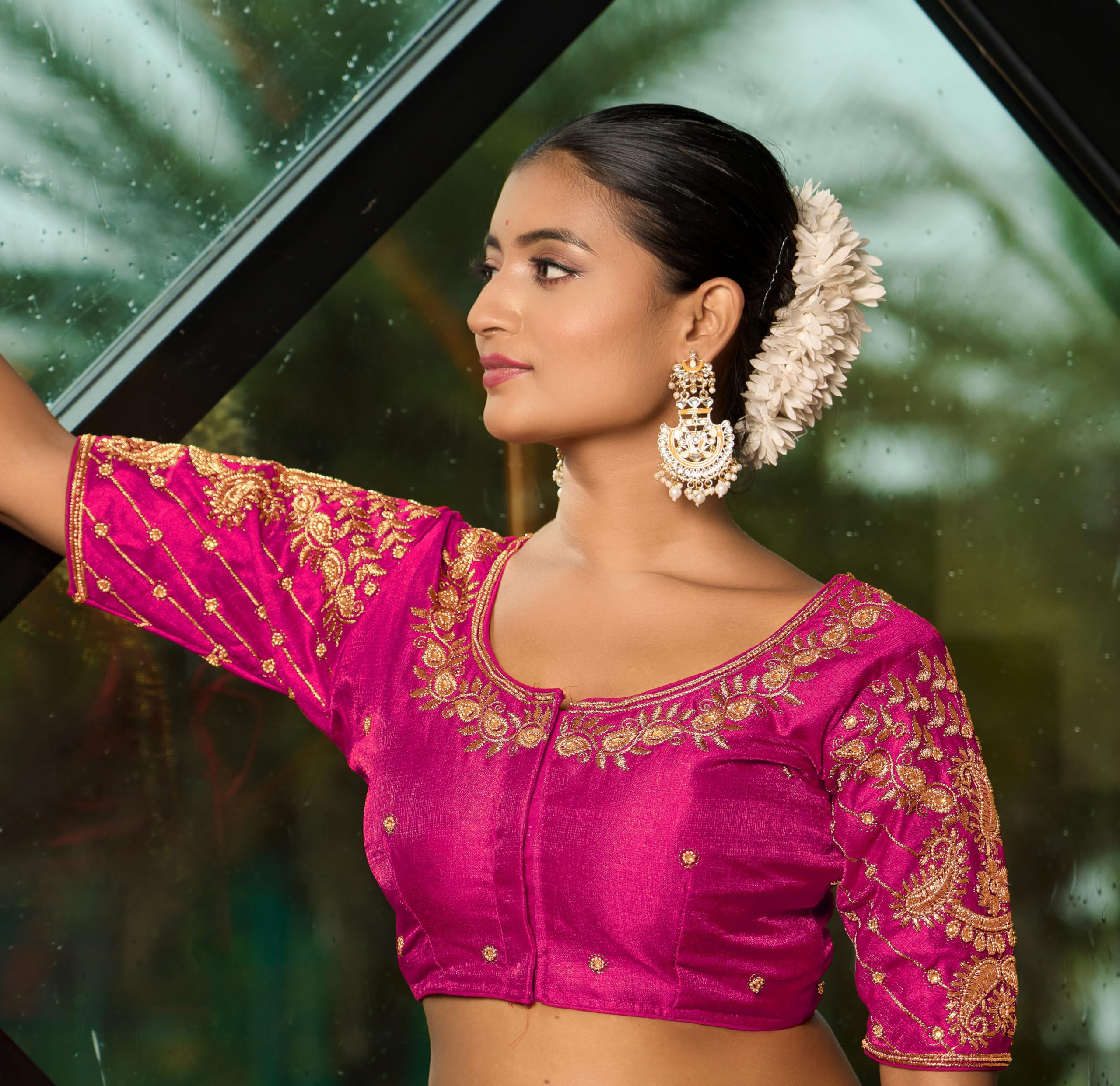 Pujia Mills Women's Readymade Blouse Embroidery Multi Coding Maggam Work Sequence Work Indian Ethnic Designer Stitched Readymade Saree Half Sleeve Pink Blouse For Women For Saree Lehenga Choli