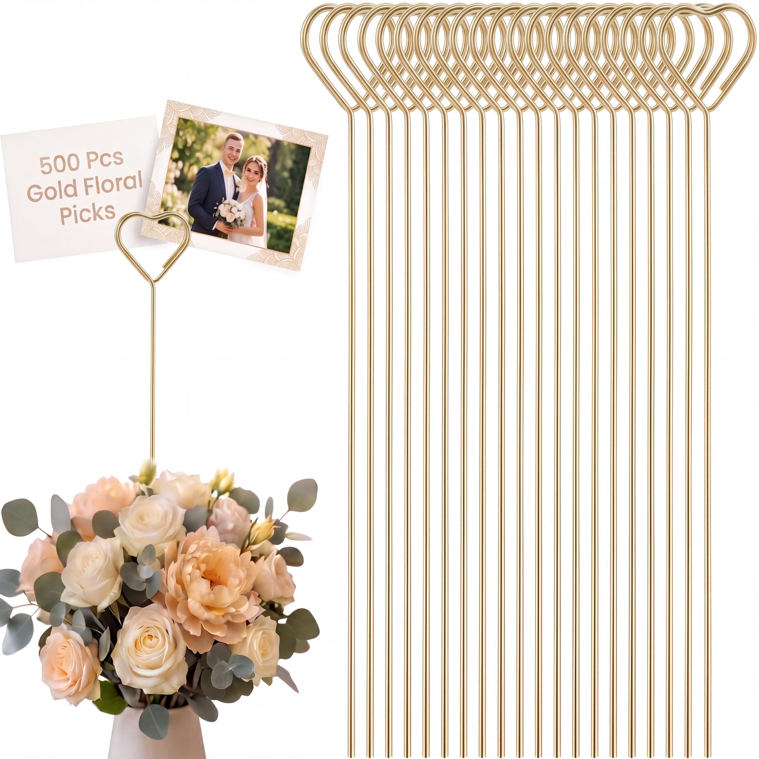 500 Pcs Floral Card Holder Picks, 12'' Gold Metal Heart Sticks for Weddings