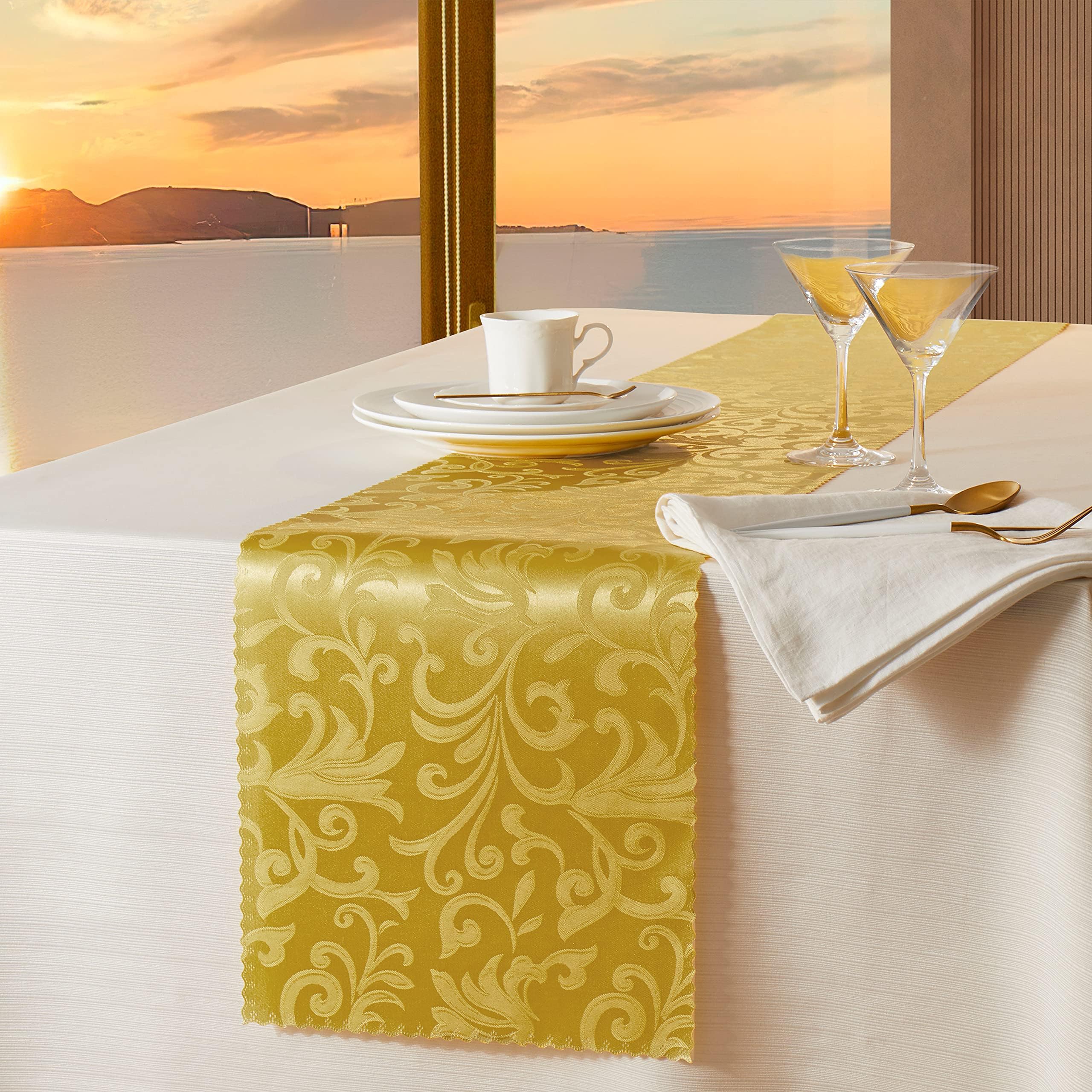 Joyfol Day Gold Damask Table Runner, Jacquard Dresser Scarf