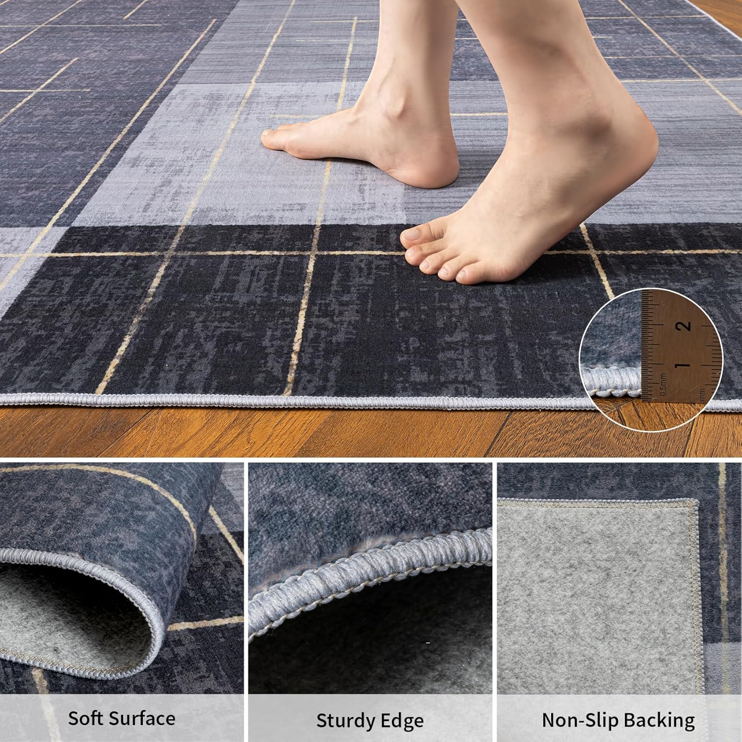 YIHOUSE 5x7 Geometric Checkered Abstract Modern Area Rugs for Living Room,Contemporary Washable Rugs with Gold Striped,Blue and Grey White Carpet for Bedroom Living Room