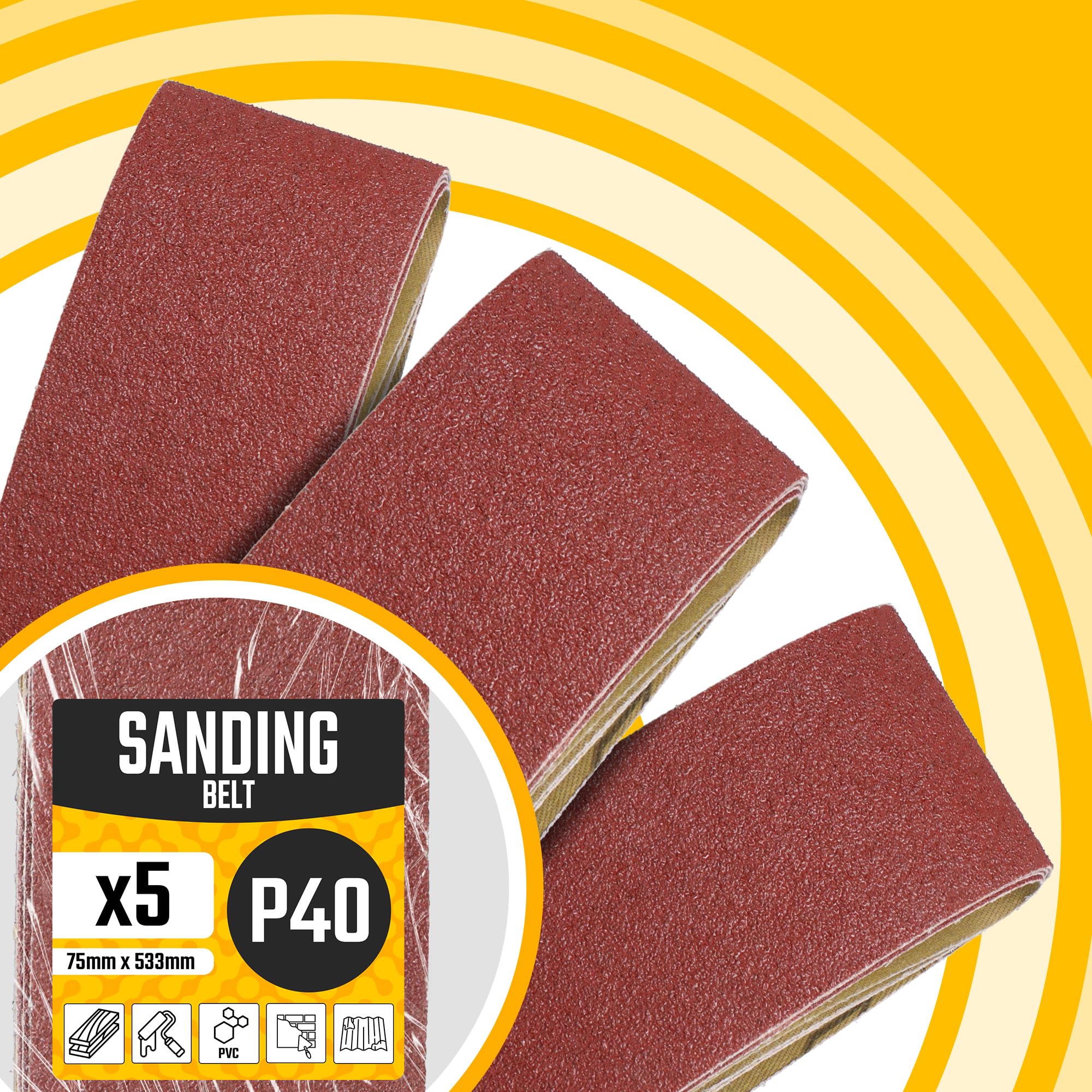 5x Nastro Abrasivo 75x533 mm P40 Levigatrice Macchina Cinghia Tessuto Carteggiatura Affilatura Sbavatura Rimozione Ruggine Legno Metallo Plastica Robusto Lunga Durata