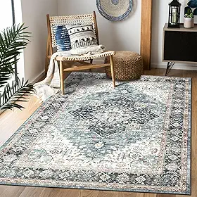 Tapete de área 3 × 5, tapete boho vintage, pelo baixo ultramacio, lavável, antiderrapante, resistente a manchas para sala de estar, quartos, sala de jogos, escritório, cozinha, azul marinho