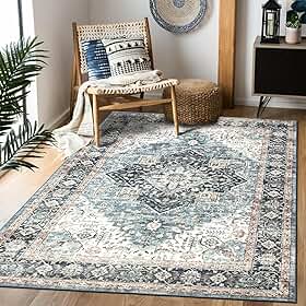 Tapete de área 3 × 5, tapete boho vintage, pelo baixo ultramacio, lavável, antiderrapante, resistente a manchas para sala de estar, quartos, sala de jogos, escritório, cozinha, azul marinho