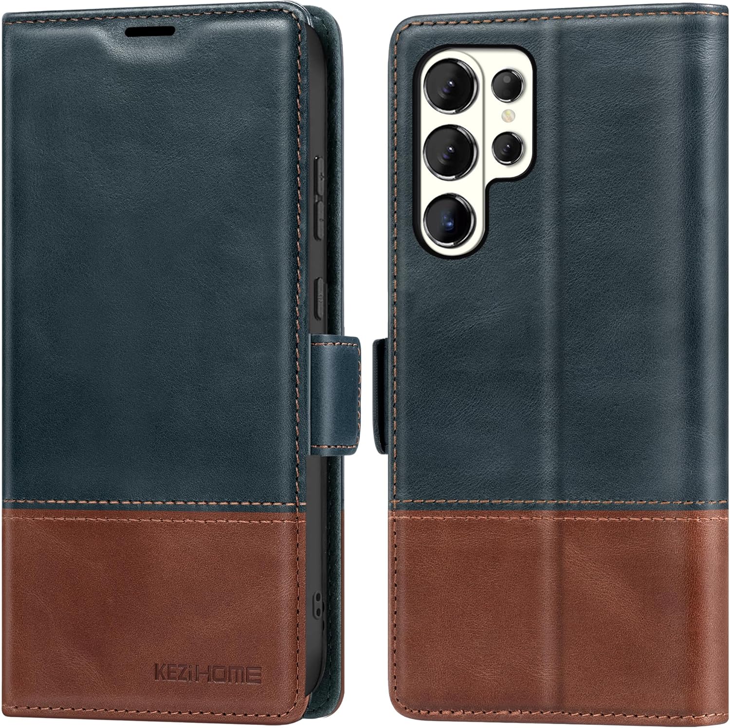 KEZiHOME Case for Galaxy S26 Ultra, Genuine Leather Wallet Case [RFID Blocking] Card Holder Kickstand Magnetic Protective Phone Folio Cover Compatible with Galaxy S26 Ultra 6.9"(Navy Blue/Brown)