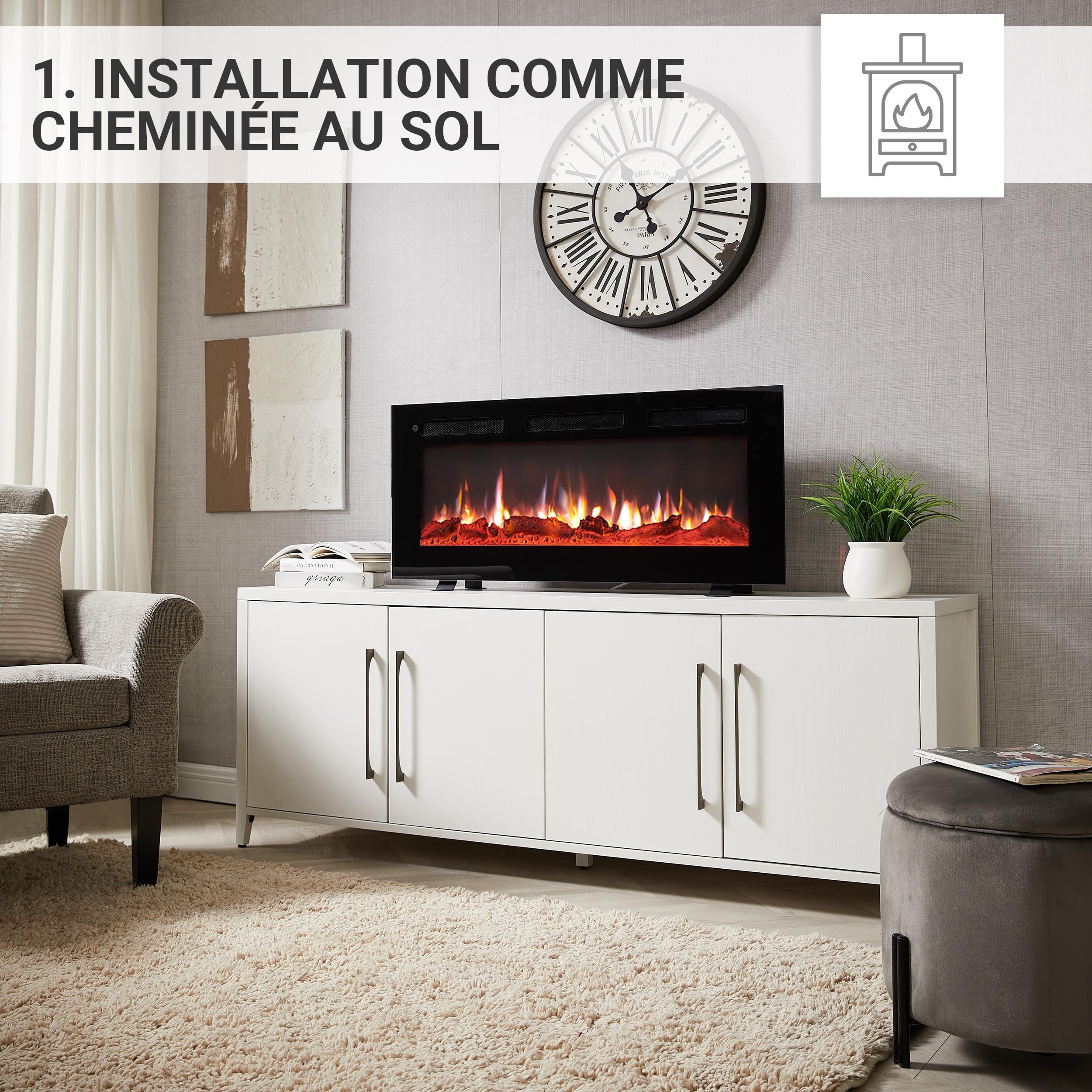 BALDERIA cheminée électrique Leif 40" | Foyer électrique Mural avec Effet de Flammes 3D | Chauffage 2000W, éclairage LED | Cheminée encastrable avec télécommande, minuteur & Thermostat | Noir