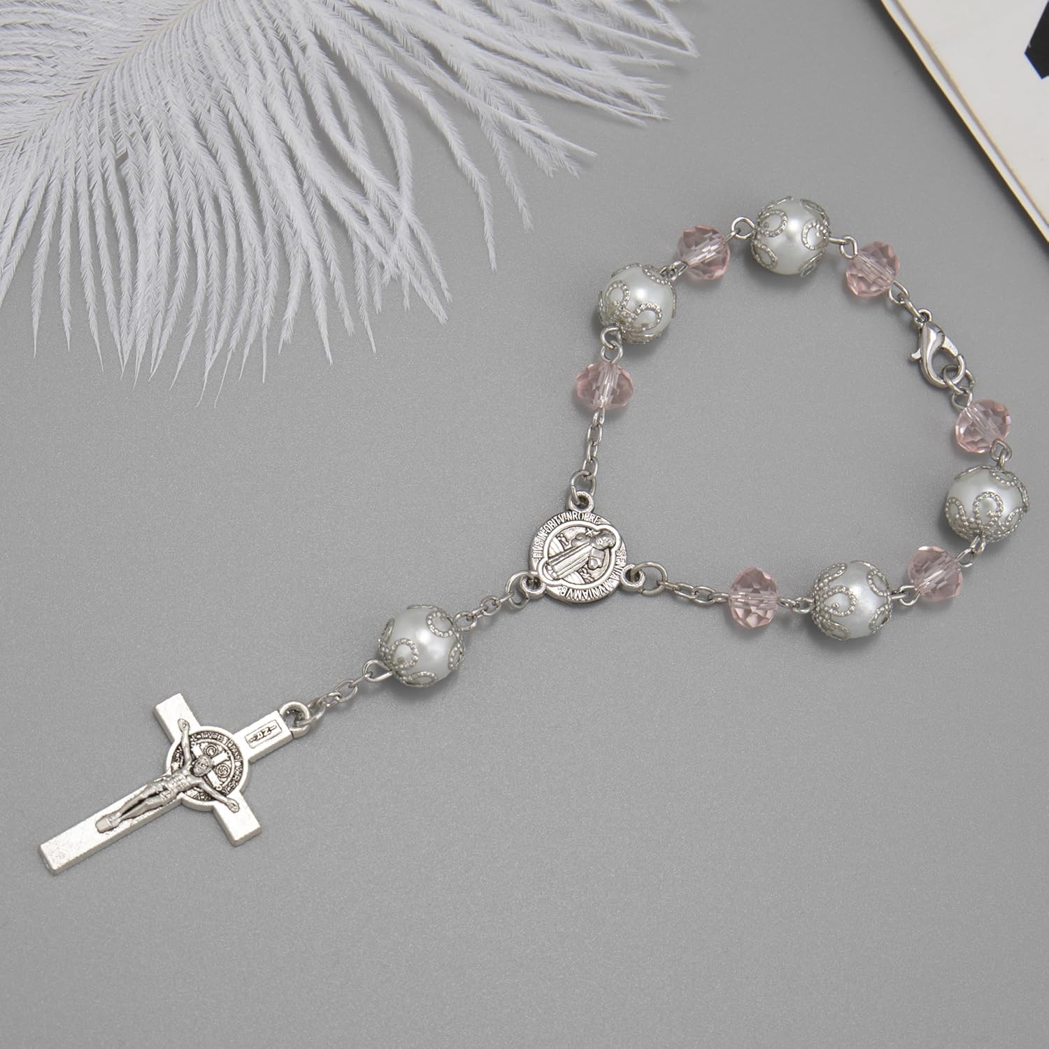 One Decade Car Rosary with St. Benedict Medal Catholic Auto Rear View Mirror Charm Pink Glass Beads Spiritual Protection Pendant Religious Car Accessories for Men and Women - Image 5