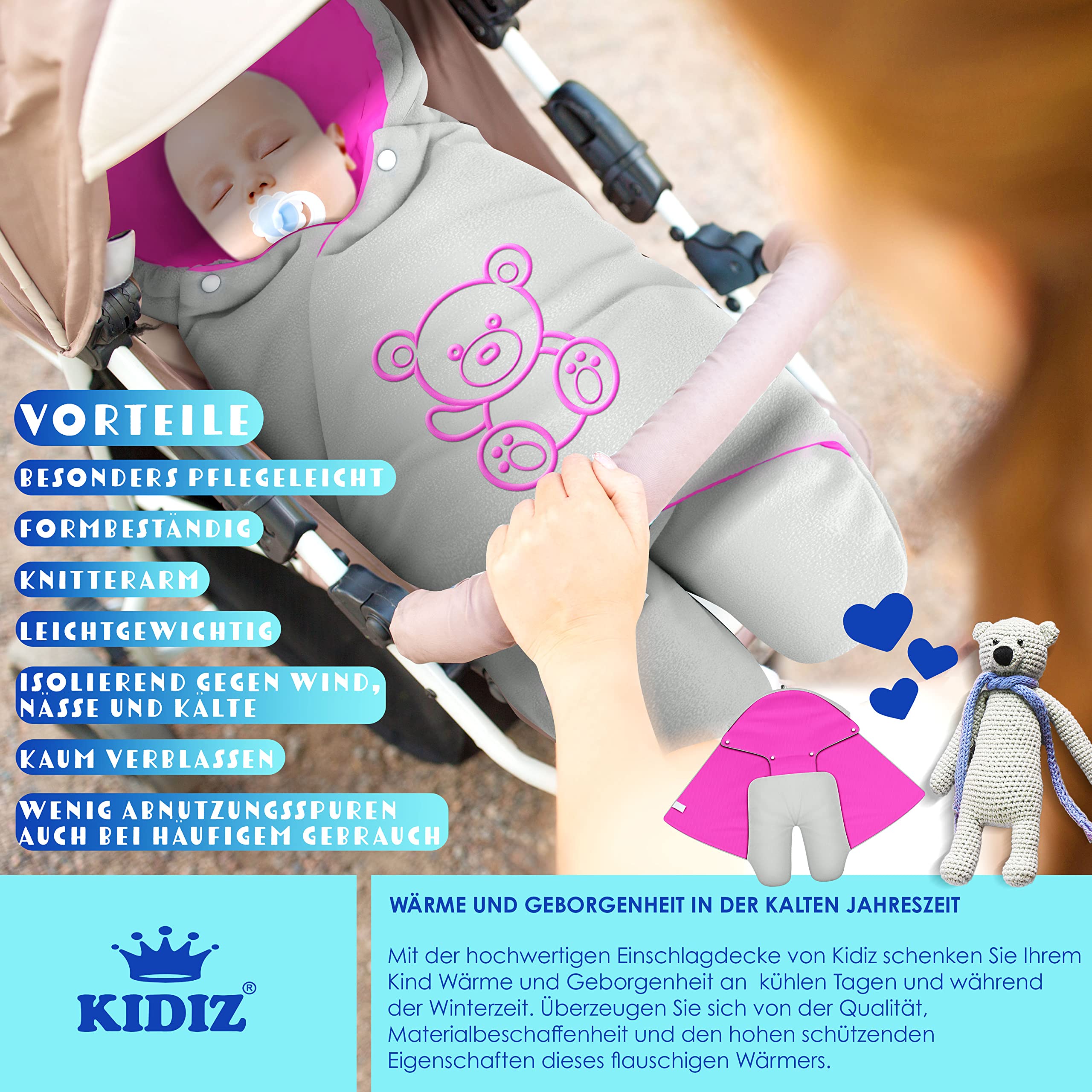 KIDIZ® Baby Einschlagdecke Babyschale Winter Herbst Babydecke mit Tasche Universal Fußsack kompatibel mit Maxi-Cosi, Römer, Buggy, Kinderwagen & Autositz isolierend gegen Wind, Nässe & Kälte