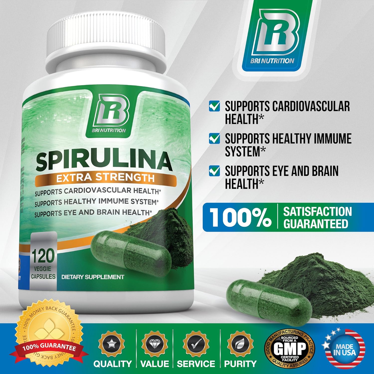 BRI Spirulina 2000mg Maximum Strength Premium Quality Spirulina Superfood Powder, Packed w Antioxidants, Protein and Vitamins in Easy to Swallow Vegetable Cellulose Capsules (120 Count) : Health & Household