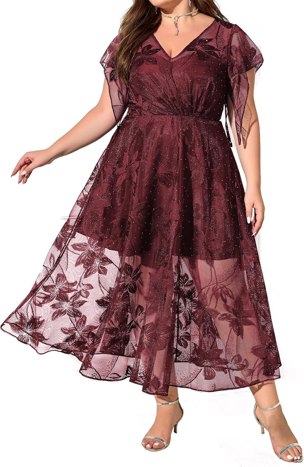 Plus Size Cocktail Wedding Guest Dress for Women Empire Waist Sequin Embroidered Lace Midi Dresses - Image 2