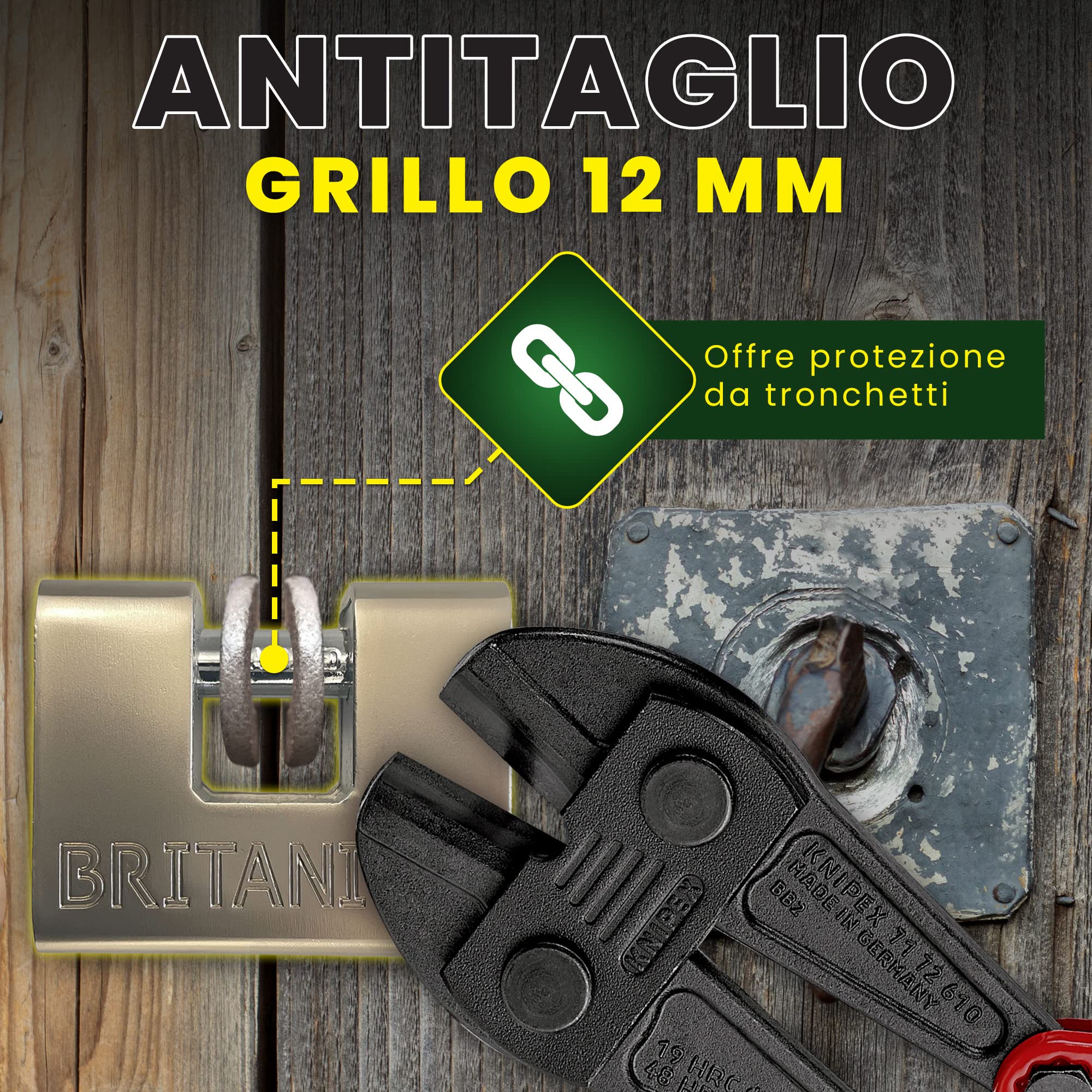 BRP74 Lucchetto Antiscasso Corazzato - Serratura per Cancello Esterno, Garage e Container - Lucchetto Monoblocco 74mm con 5 Chiavi, Alta Sicurezza per Magazzino e Saracinesca Blindata