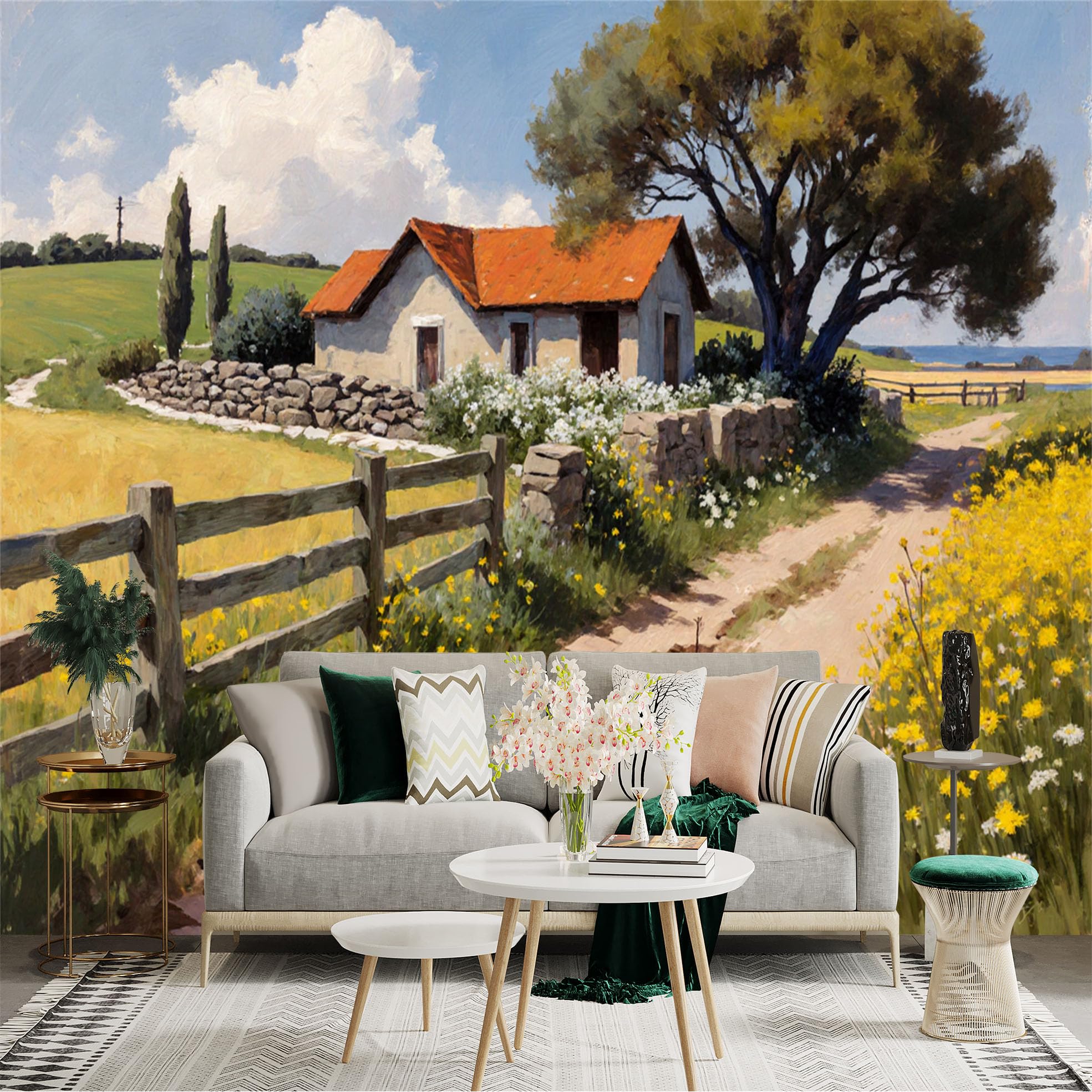 Lnzczhyre Xc260505428 Custom Size Wall Sticker Mural， Rustic Countryside Cottage， Golden Wheat Field， Rural Landscape With Old Wooden Fence， Sunny Farm Path， For Wall Decoration， Peelandstick Wall Decals.
