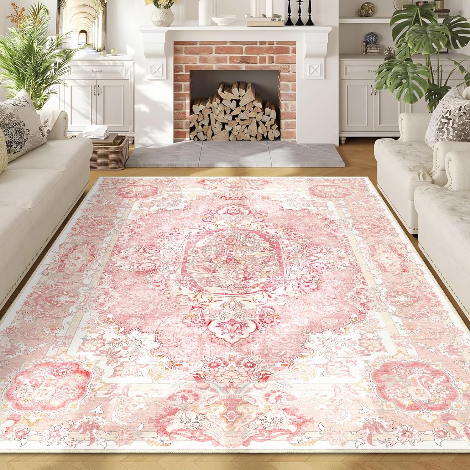 Boho Washable Area Rug 5x7, Vintage Floral Low Pile Non Slip Rug for Living Room Bedroom, Farmhouse Decorative Carpet,Blush Pink