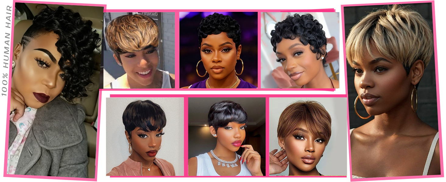 Short Pixie Cut Wig Human Hair Ombre Curly Bob with Side Bangs Glueless Full Amazon.com : Short Blonde Pixie Cut Wig Human Hair for Black  main image 2