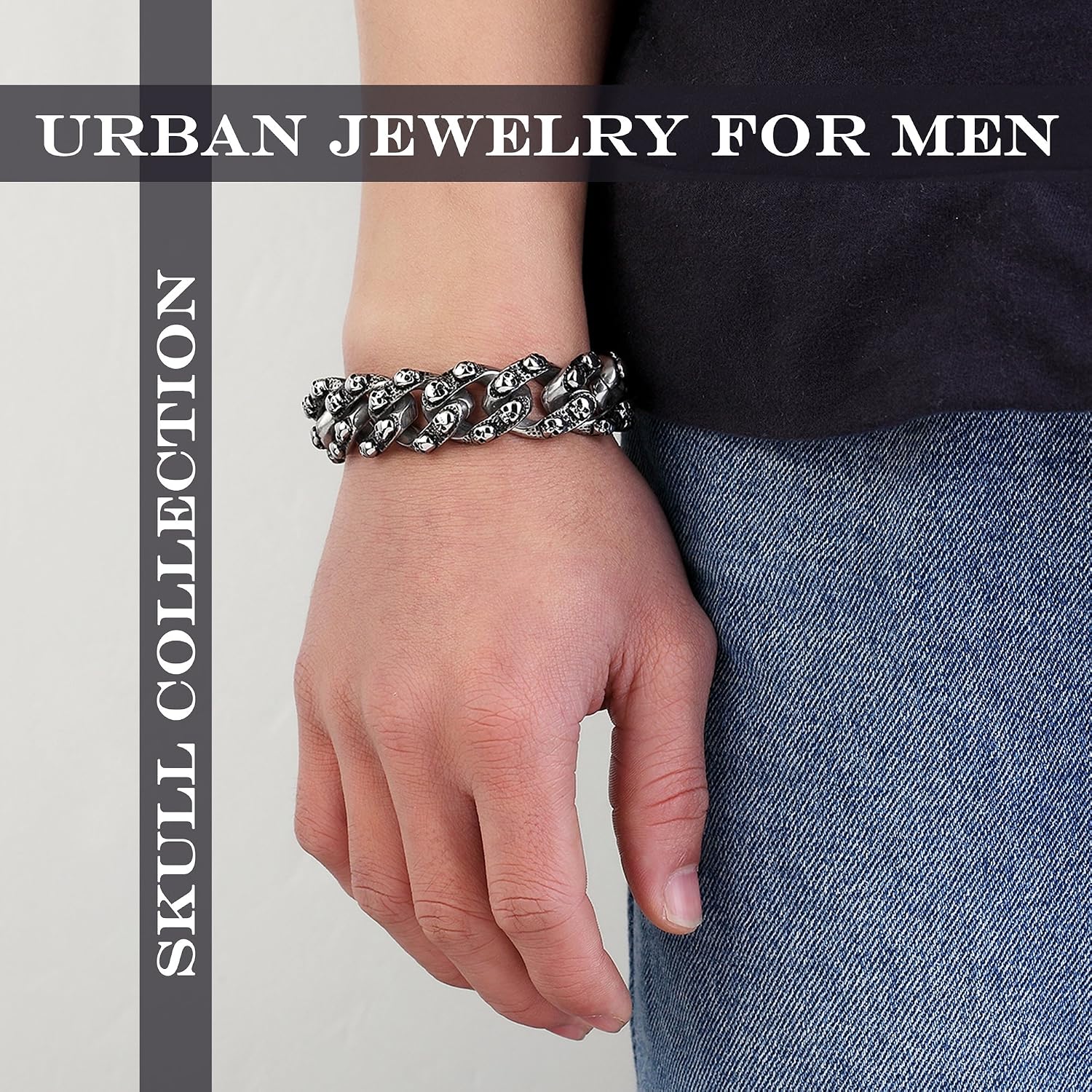 Urban Jewelry 22.5 cm Men's Stainless Steel Silver Tone Mini Skull Heads Chain Link Bracelet, 8.85 Inch - Image 5