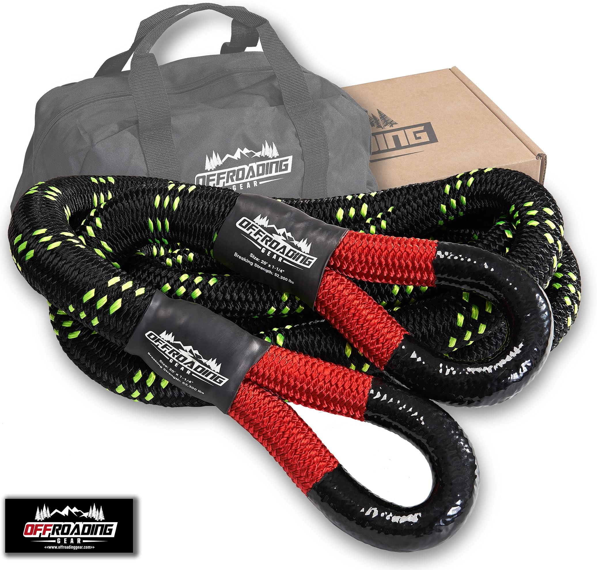 Offroading Gear 4x4 20'x1-1/4 Kinetic Recovery Rope & Tow Rope Kit| Black (52,300 lbs) | Elastic Strap | Heavy-Duty Loops | Truck |ATV| UTV| Jeep| Car| SUV| Etc.