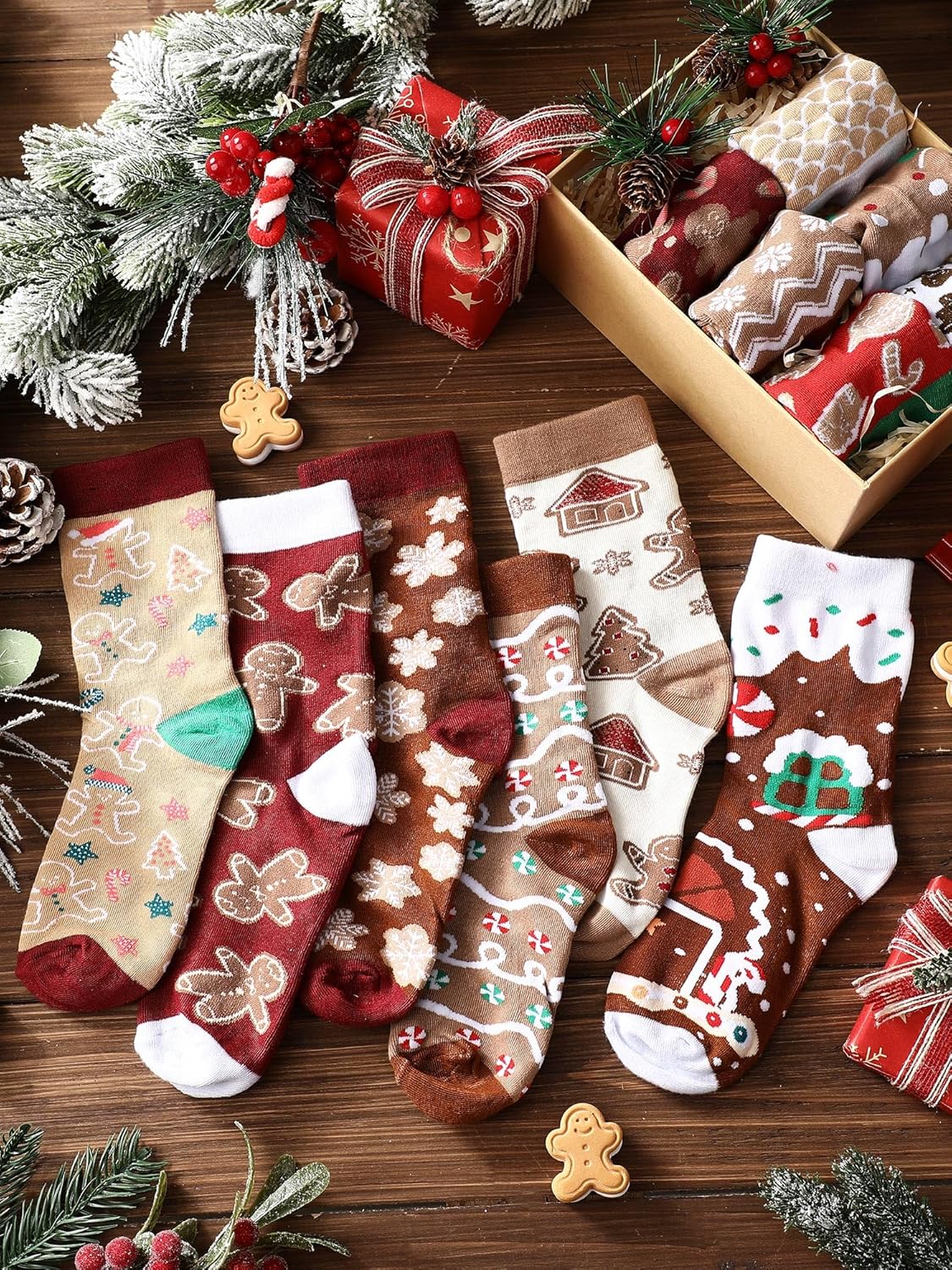 12 Pairs Funny Gingerbread Man Themed Socks Bulk Christmas Gifts for Men Women Novelty Breathable Cotton Gingerbread Man Crew Sock for Winter Xmas Gifts