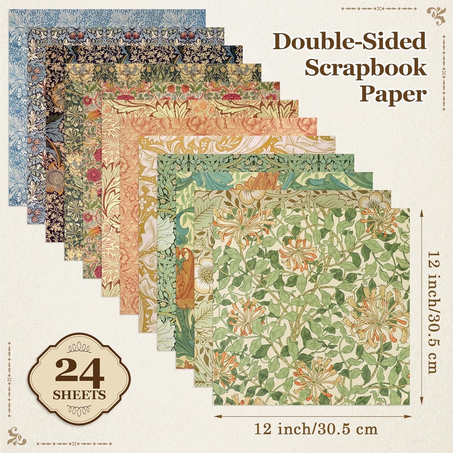 HAUTOCO 24 Sheets Scrapbook Paper 12 x 12 Double-Sided Scrapbooking Cardstock Vintage Floral Pattern Decorative Paper for Card Making, Junk Journal, DIY Crafts, Photo Album, Decoupage, Art Journaling