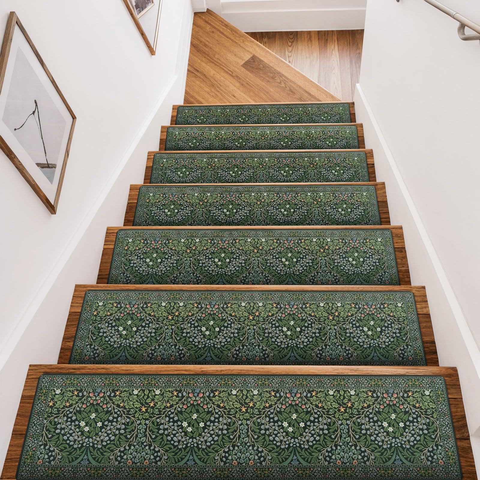 OJIA Floral Stair Treads Non-Slip Stair Runner for Wooden Steps Indoor 15PCS 30"x8" Carpet Stair Treads Stair Mats Staircase Step Treads for Kids, Elders and Dogs, Stair Covers, Green