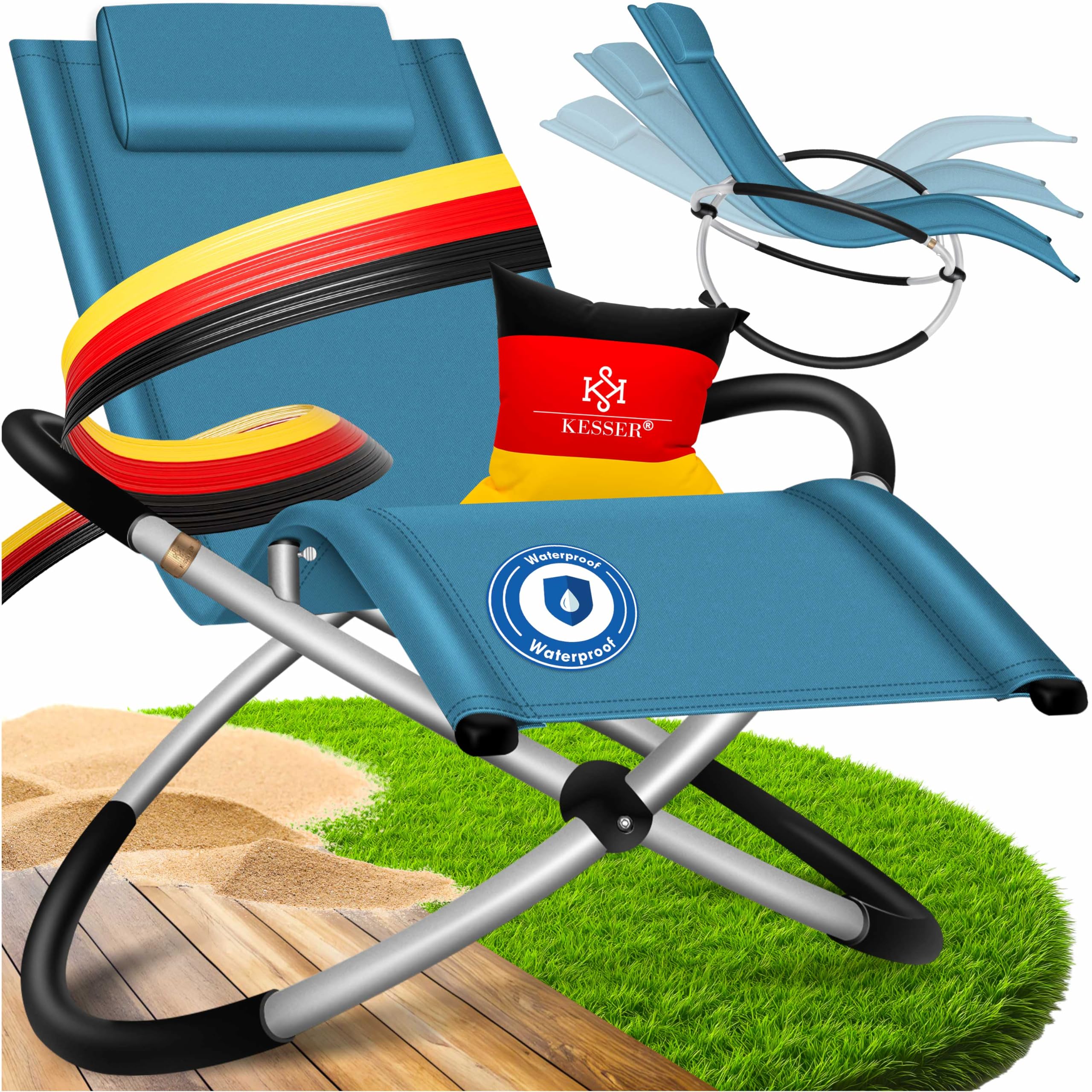 KESSER® Relaxliege Liegestuhl | Gartenliege Sonnenliege | Gartenstuhl | Klappstuhl faltbar | Schwungliege | Schaukelsessel | ergonomische Relaxsessel | wetterfest | 180 kg Belastung, Petrol Blau