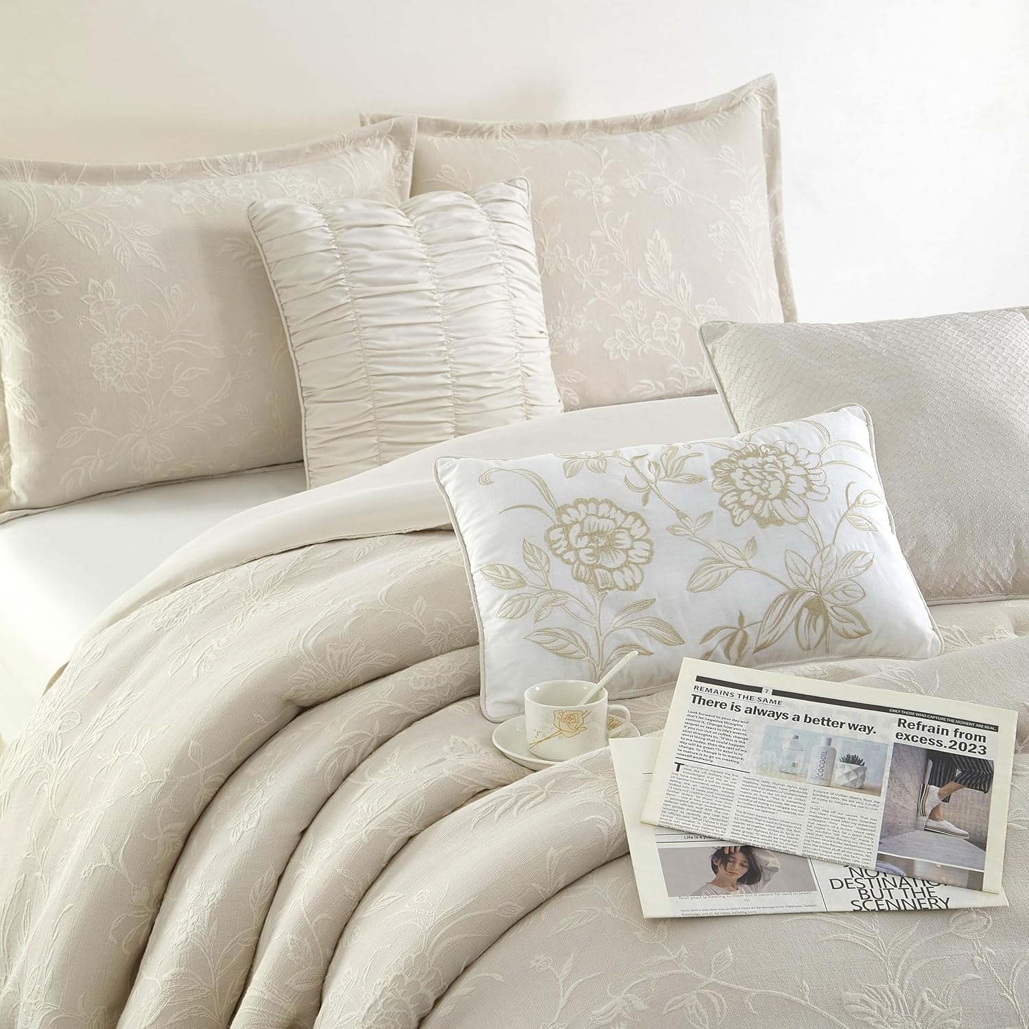 Grand Avenue Beige Cotton Blend Comforter Set, Elegant 7 Piece, Floral Jacquard Queen Size Bedding, All Season, Bedskirt, Pillows & Shams, Home Decor