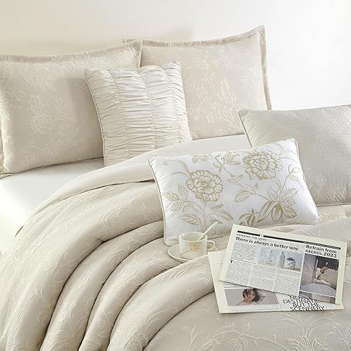 Miniatura 3 de Grand Avenue Juego de edredón de mezcla de algodón beige, elegante 7 piezas, ropa de cama jacquard floral tamaño Queen, para todas las estaciones,