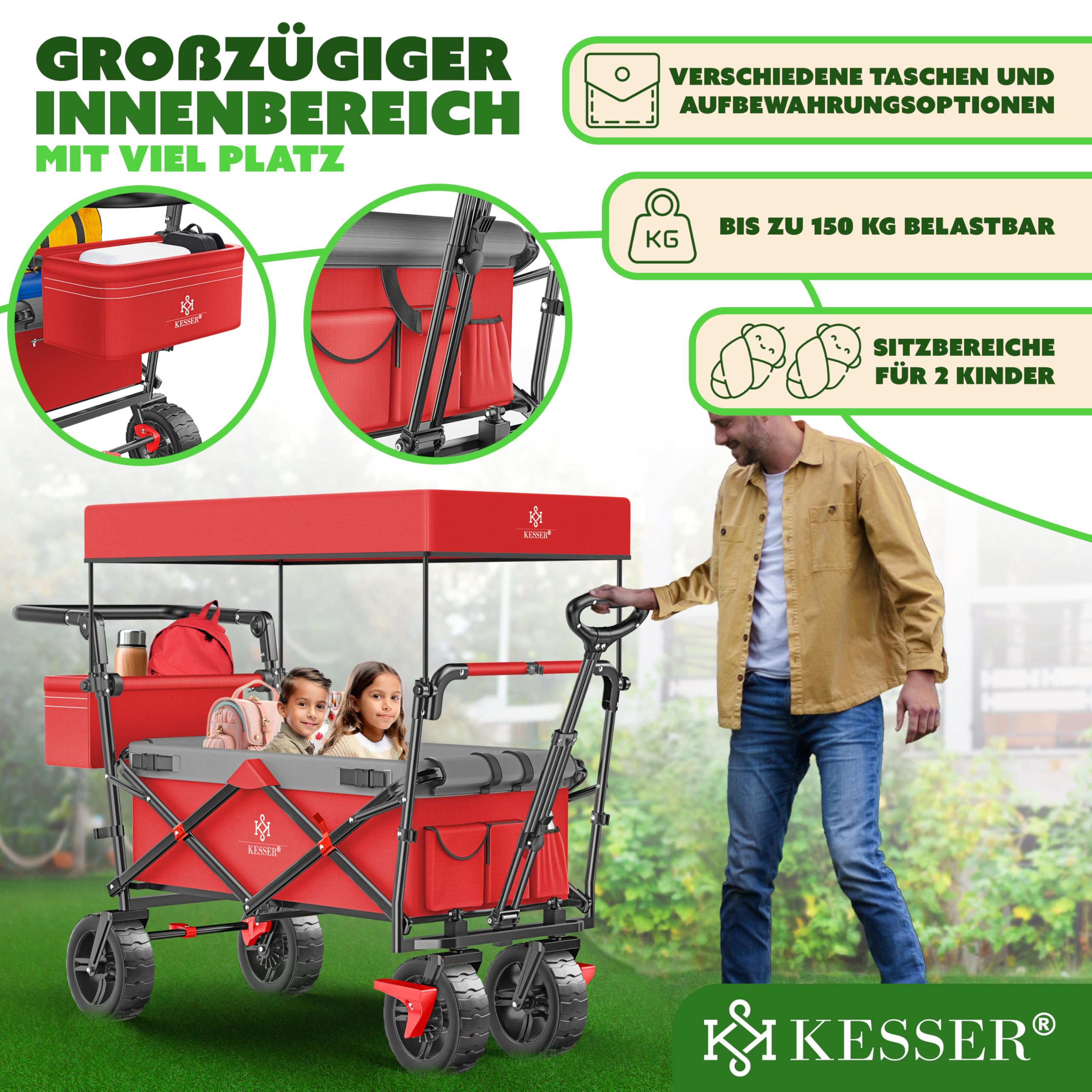 KESSER® Bollerwagen faltbar GT9000 Handwagen mit Dach | Transportwagen max. belastbar bis 150kg mit Hartgummi-Räder & Feststellbremsen (Vorne & Hinten) | Inkl. Schloss, Abdeckung, Wetter & Sichtschutz