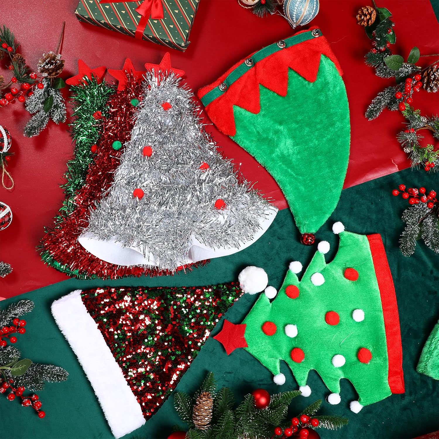 Liitrsh 12 Pieces Christmas Novelty Hats Santa Elf Hat Funny Sequin Xmas Tree for Party Celebrations, Winter Party Supplies, Christmas Decorations Costume Props