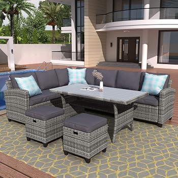 Amazon Com Merax Patio Furniture Dining Set 5 Piece Outdoor Conversation Set All Weather Wicker Sectional Sofa Couch With 2 Ottomans And Throw Pillows Grey Garden Outdoor