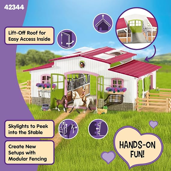 Schleich Horse Club - 97PC Riding Center Horse Toy Playset with Rider, 2 Horses, Barn and Farm Figurine Accessories for Girls and Boys - Interactive Play Figures - Realistic Kids Toys Ages 5+ | 42344