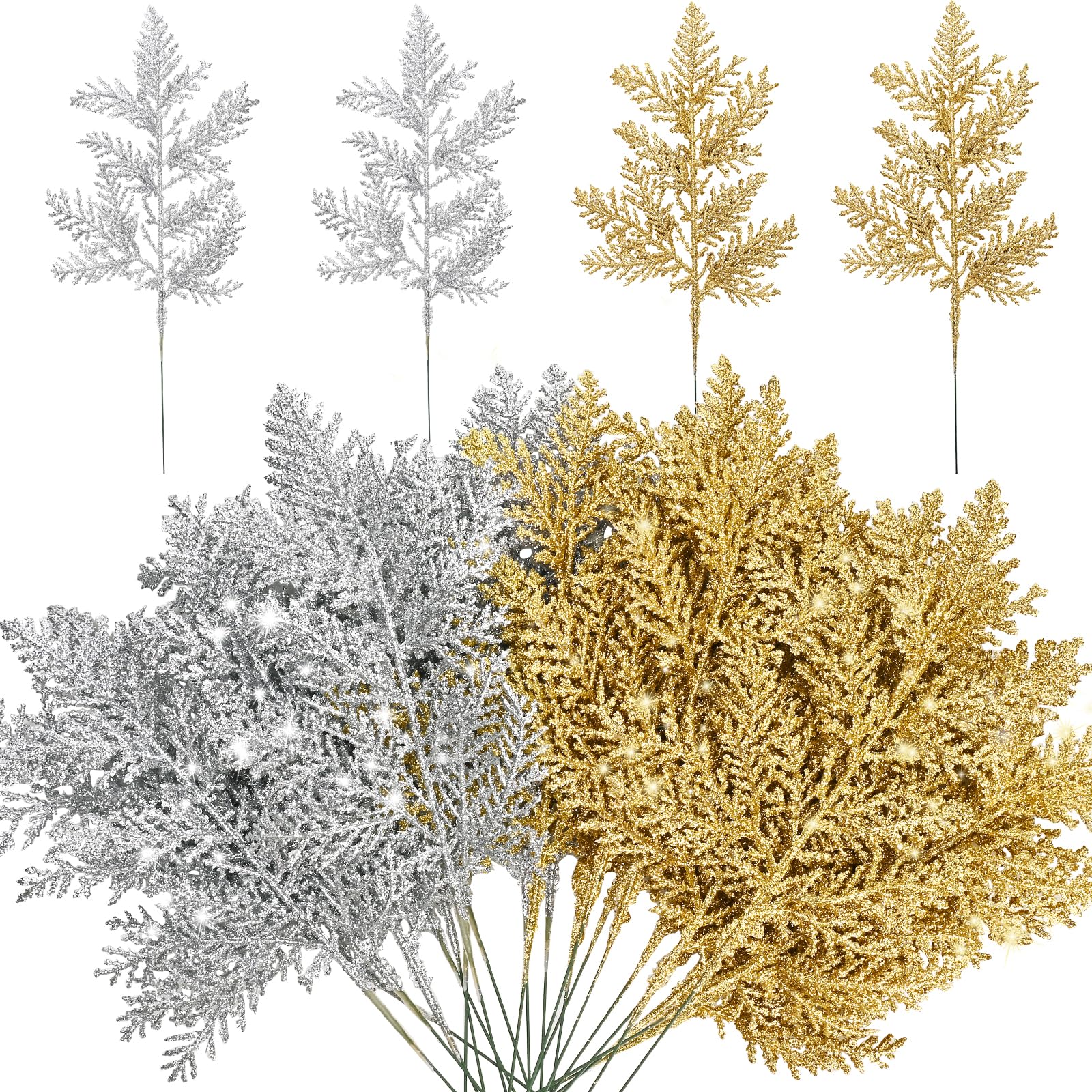 Dolicer 72 Pcs Glitter Artificial Pine Needles, Christmas Tree Filler Branches, Christmas Floral Picks Branches Christmas Tree Picks for DIY Christmas Garland Wreath Home Decoration, Gold and Silver