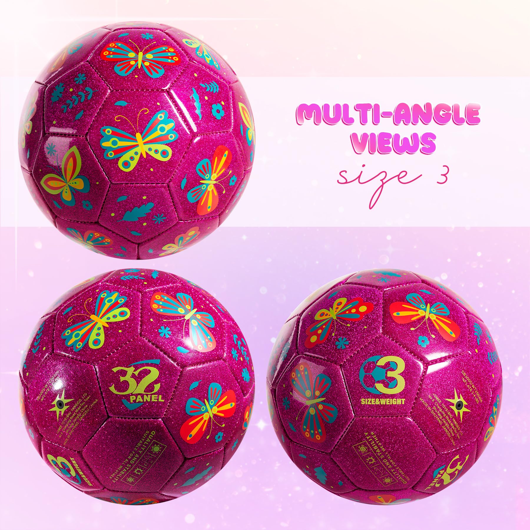 U&C Planet Size 3 Football for Kids Ages 3-8 with Pump & Mesh Bag, Sparkly Rose & Butterfly Design - Image 4
