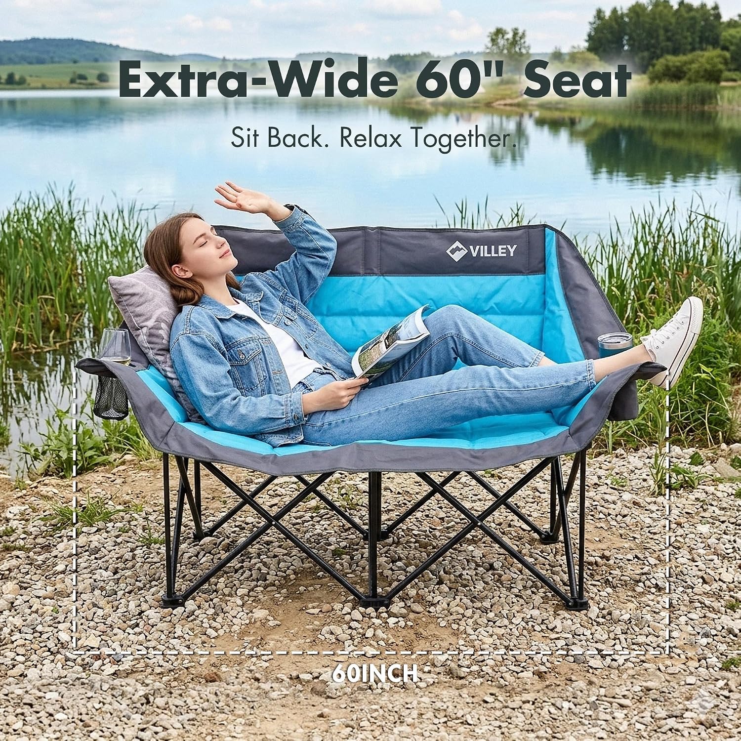 VILLEY Oversized Double Camping Chair for Adults, Heavy-Duty Folding Loveseat Camp Chair with Cup Holders, 2 Person Outdoor Chair Supports up to 900 lbs for Camping, Beach, Lawn, Blue and Grey