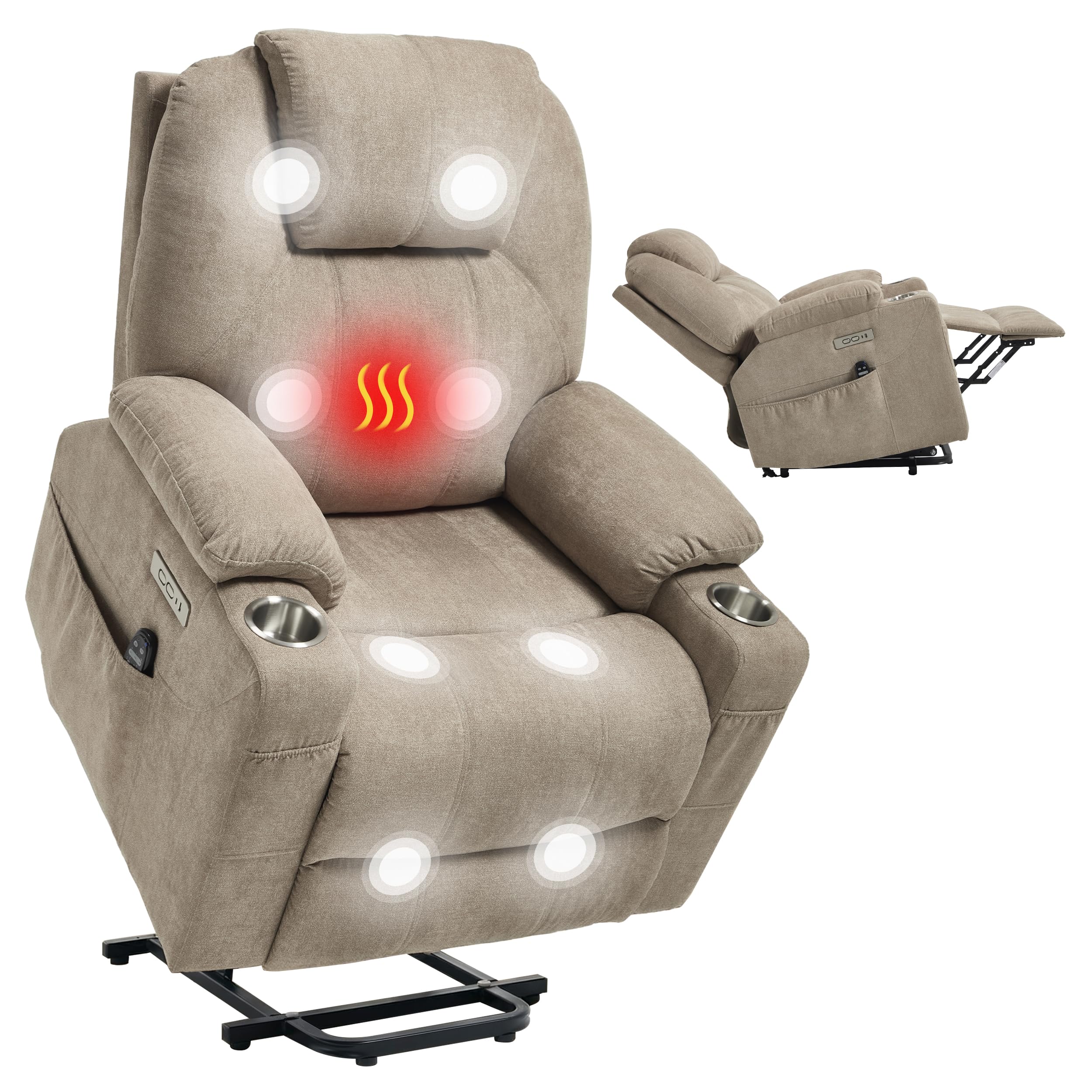 Power Lift Recliner Chair for Elderly, Electric Lift Recliner Single Sofa with Vibration Massage and Lumbar Heating, Reclining Chair with Charging Ports, Polyester Fabric Khaki